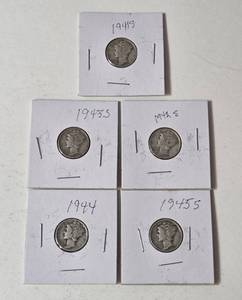 5-Silver Mercury Dimes (1941S,1942S,1943S,1944,1945S) - Silver - Lot 12