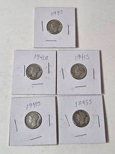 5-Silver Mercury Dimes (1937,1941S,1941S,1941S,1945S) - Silver - Lot 13