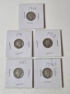 5-Silver Mercury Dimes (1941,1941D,1941S,1942S,1943) -  Silver - Lot 15