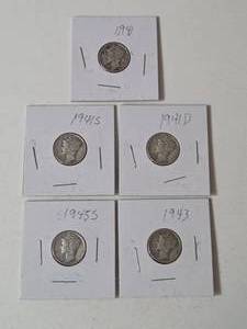 5-Silver Mercury Dimes (1941,1941D,1941S,1943,1945S)&nbsp