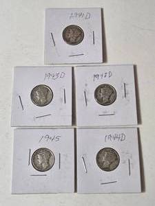 5-Silver Mercury Dimes (1941D,1942D,1943D,1944D,1945) - Silver - Lot 17
