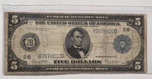 1914 US $5 Bill - Legal Tender (Horse Blanket) - Blue Note - Very Collectible - Large Note - Rare - Lot 23