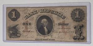 Rhode Island Bank Hoard $1 note,  rare piece of American "Broken bank" currency issued by the Bank of the Republic in Providence between 1854-1856. Signatures: These notes are considered a historical piece of American obsolete currency .  - Lot 28