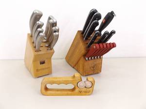 Lot of 19 WSTHOF&nbspKnives (3 sets), 3 WSTHOF Sharpeners and 2 WSTHOF Wood Block Holders