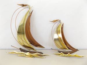 Vintage Mid Century Brass and Copper Sailboat Hanging Wall Art