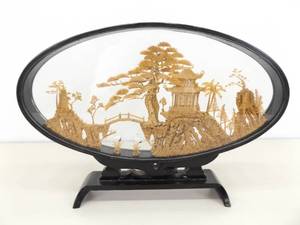 Vintage 9.75 Tall Asian Balsa Wood Carving Temple Scene in Glass