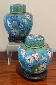 MB - Pair of Cloisonn Chinese Jars with Stands