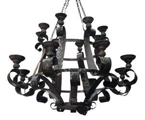 BY - Vintage Outdoor Iron Chandelier - Weathered Rustic Scrollwork