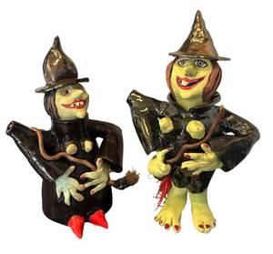 K - Two Ceramic Artisan Crafted Witch Figurine Teapots