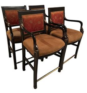 S - Bar Stools - Set of 4 Black Wood with Carved Arms & Burgundy Upholstery