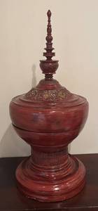 LL - Burmese Hsun Ok Offering Vessel - Tiered Lid, Pagoda Finial, Red Lacquer
