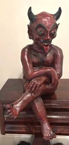 LL - Sitting Demon Sculpture - Red Devil Figure with Horns