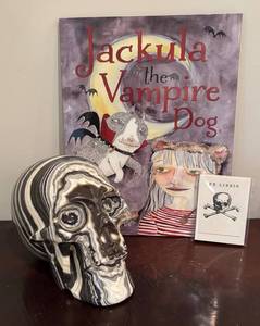 LL - Marble Skull with Jackula the Vampire Dog Book & 25 Jonathan Wright Bookplates