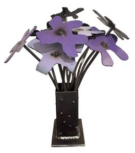 LL - Cast-Iron Floral Arrangement - Black Metal Vase with Purple Flowers