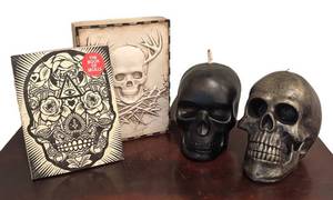 LL - Sid Dickens Skull Plaque Memory Block, The Book of Skulls Book & Skull Candles