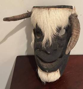 LL - African Tribal Mask with White Hair & Horns - Vintage Hand-Carved Wood