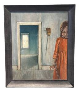 LLR - Original Painting Girl in Orange Dress with Broom by Mary Dahl