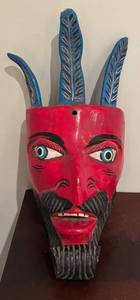 LL - Vintage Red Carved Wood Mask with Blue Leaf-Horn Antlers