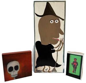 LLC - Halloween Original Art Trio Witch Riding Broom, Skull on Wood, Devil in Frame