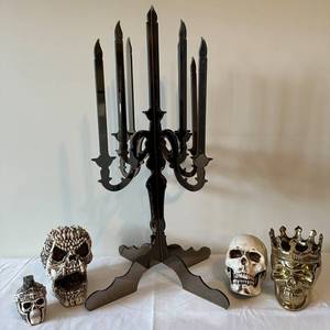 G - Halloween Decor - Candelabra, Three Skulls and a Thompson Ferrier Bonaparte Gothic Skull Candle