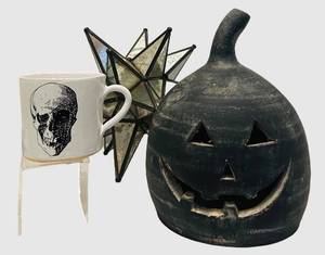 LLR - Halloween Decor Trio - Distressed Black Pumpkin Jack-O-Lantern, Skull Mug & Geometric Star Lantern