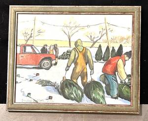 LLS - Emily Allen Original Artwork - Winter Scene with Snow, Workers & Red Pickup Truck