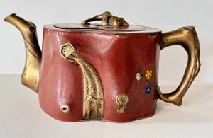 K - Chinese Cloisonn Teapot - Red Enamel, Gilded Branch Handles, Floral Motifs