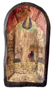 LR - Mexican Ex-Voto Retablo - Vintage Hand-Painted Wooden Panel with Crowned Virgin Mary