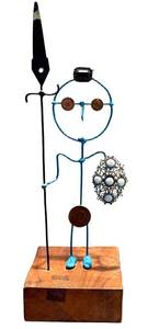 CB - Artisan-Crafted Wire Figure Sculpture with Coin Accents & Blue Filigree Brooch