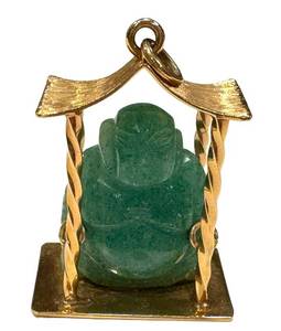 14K Gold Jade Buddha Pendant - Green Jade Carving