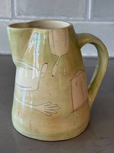 K6 - V. Ross Handcrafted Ceramic Pitcher, Olive Green Glaze With Line Drawings