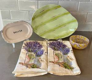 KP - Butter Dish, Green Stripe Platter, Lavender Fields Towels & Mosaic Bowl (Lot of 5)