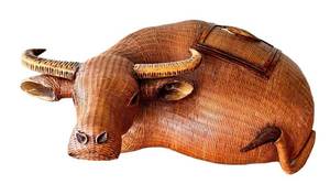 Vintage Zhejiang Handicrafts Chinese Woven Oxen Container, Rattan Basket