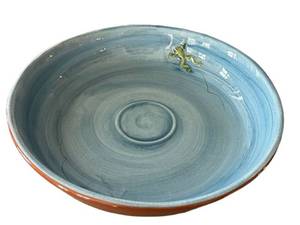 K - Pottery Barn Frog Ceramic Bowl - Blue Glaze w Green Frog Accent
