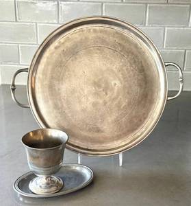 K - French Vintage Pewter Cup & Tray Set