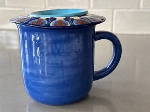 CD - Blue Ceramic Tea Mug with Patterned Lid - Handmade 4.5in Tall