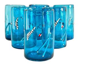 CD - Hand-Blown Blue Glass Tumblers - Set of 6, Signed