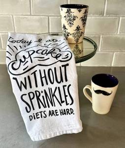 K - Amanda Barr Mugs (2) & Pastry Glass Pedestal - Whimsical Kitchen Towel