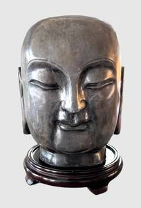 K - Stone Buddha Head Sculpture - Kannon Bodhisattva on Wooden Base