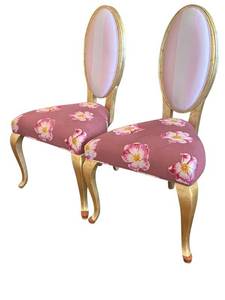 Chairs - Set of 6 Pink Custom Floral Upholstered Dining Chairs with Gold Legs