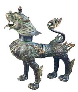 LR - Large Chinese Brass Foo Dragon Lion Dog Metal Sculpture