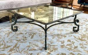 LR - Cocktail Table 48in Square Glass Top, Greek Key Iron Base, Antiqued Venetian Mirror