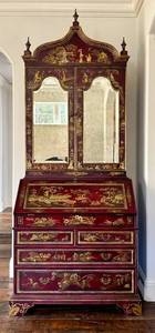 Vintage Maitland Smith Chinoiserie Red Lacquer Secretary Cabinet with Hand-Painted Gold Scenes