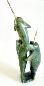 CB - Cape Dorset Narwhal Composition Inuit Serpentine & Antler Sculpture