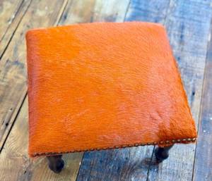 O - Cowhide Footstool - Orange Dyed, Studded Trim, Custom Upholstery