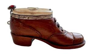 Antique Victorian Snuff Box - Wood & Bone Carved Boot with Red Gem Accent