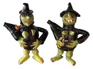 K - Witch Figurines (Lot of 2) Ceramic Green Halloween Decor