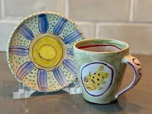 Amy Sabrina Ceramic Mug With Fish Motif, Signed 1998 - Includes Saucer (Dia 3.75 in)