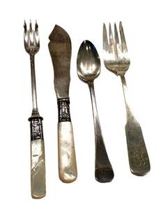Vintage Mother-of-Pearl Silverware Set - 4-Piece with Sterling Bands (Monograms B and W)