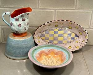 Artisan Crafted Ceramic Pottery Lot - Pitcher, Oval Plate & Bowl (Lot of 3)